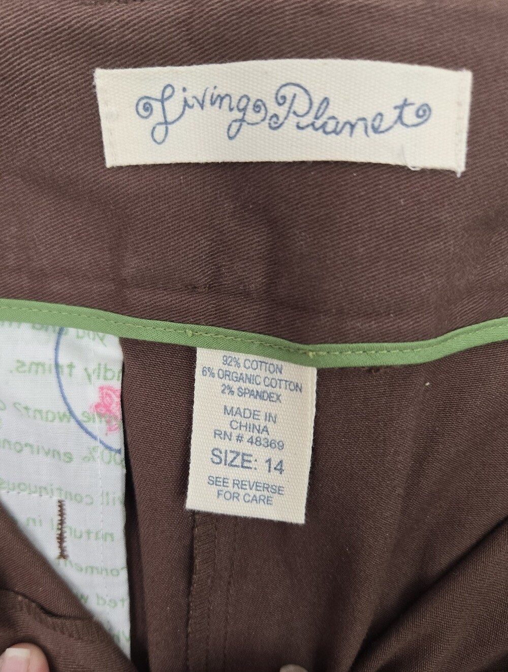 Living Planet Brown Stretch Pants Size 14 Organic Cotton Straight Leg - Picture 4 of 4